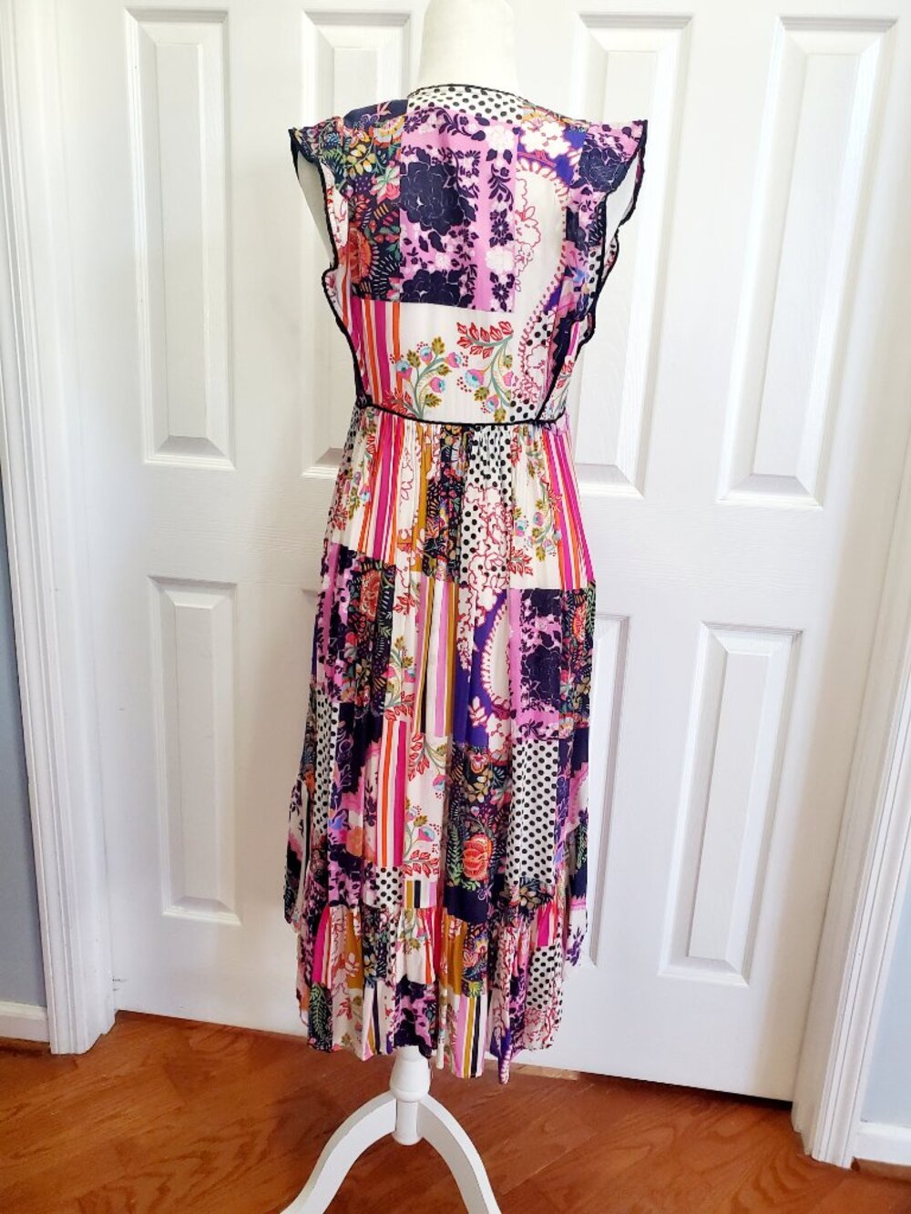 Anthropologie Patchwork Midi Dress Size 8 Boho Floral Stripe V Neck Tiered Color - Picture 13 of 14